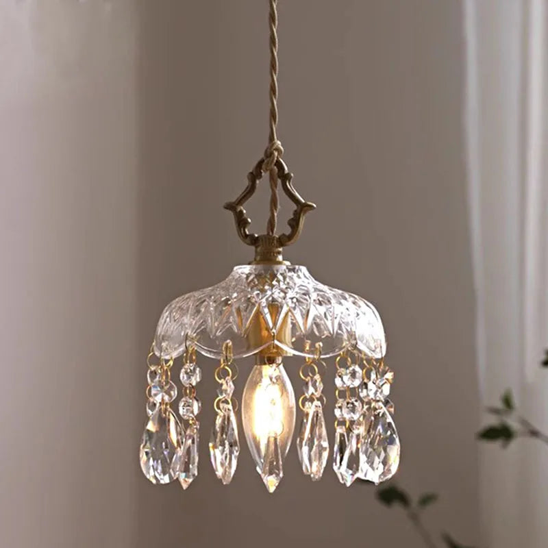 Elegant French Vintage Crystal Chandelier - Copper Hanging Lamp with intricate glass detailing, perfect for porch or hallway ambiance.