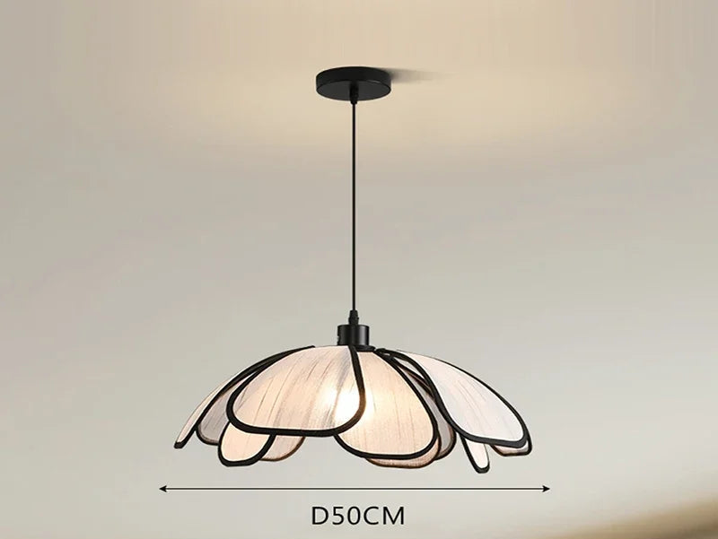 Large Nordic Pendant Light with black petal-shaped cloth shade, perfect for LED lighting in modern living or dining rooms.