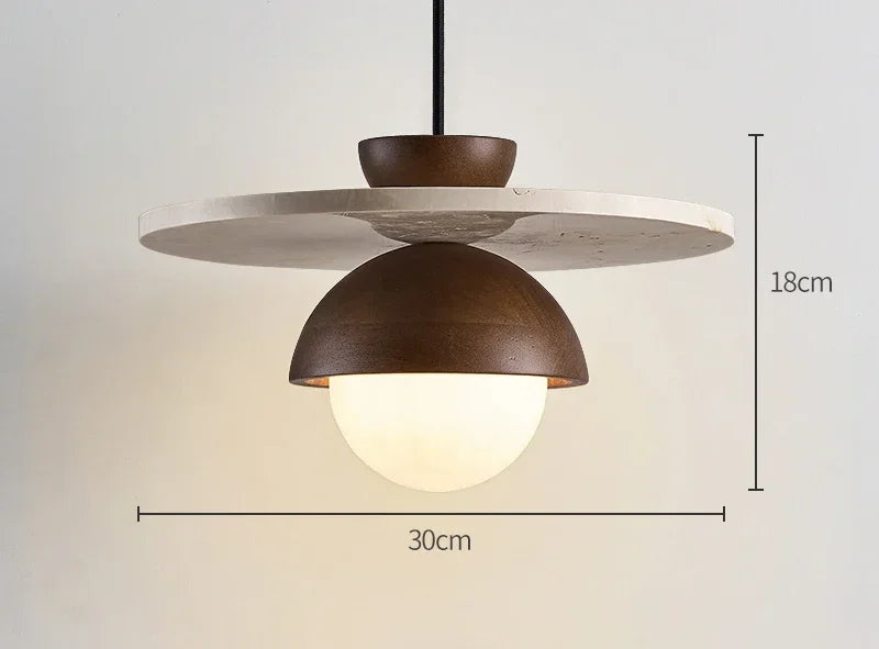 Dimensions and materials of walnut wood and stone pendant light with LED G9 bulb, minimalist lighting fixture.