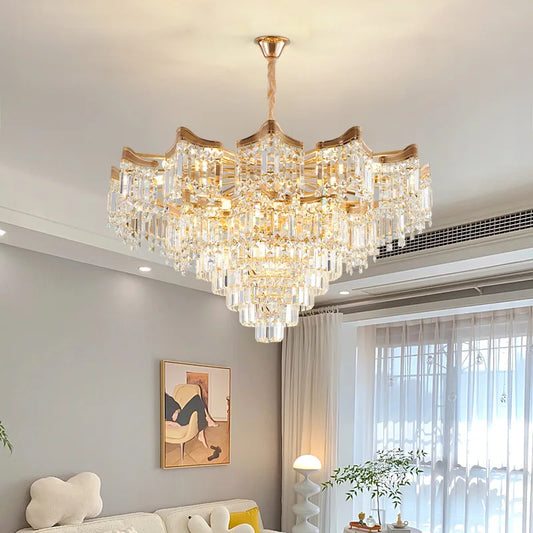 French crystal chandelier - modern art deco ceiling light in a living room, featuring layered crystal prisms and gold accents for luxury ambiance.