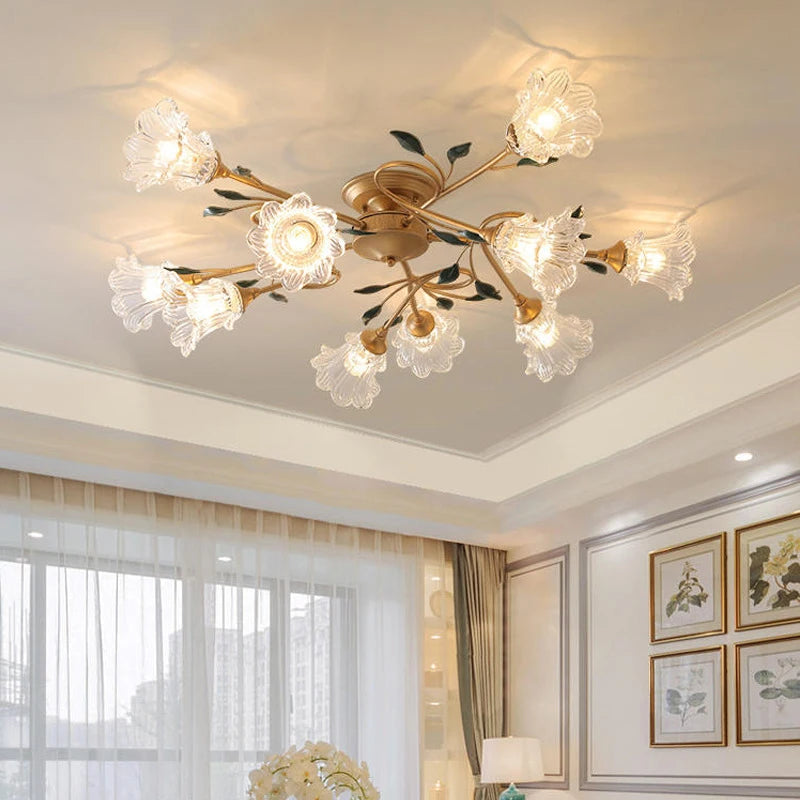 10-head French Floral Ceiling Light fixture in a bright apartment setting, featuring energy-efficient LED and floral glass design.