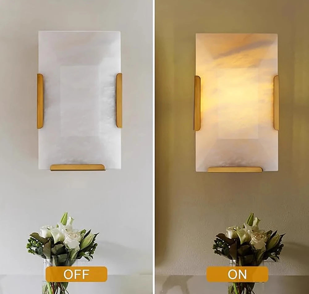 Copper Marble LED Sconce in gold finish shown off and on, demonstrating warm ambient lighting effect in modern decor.
