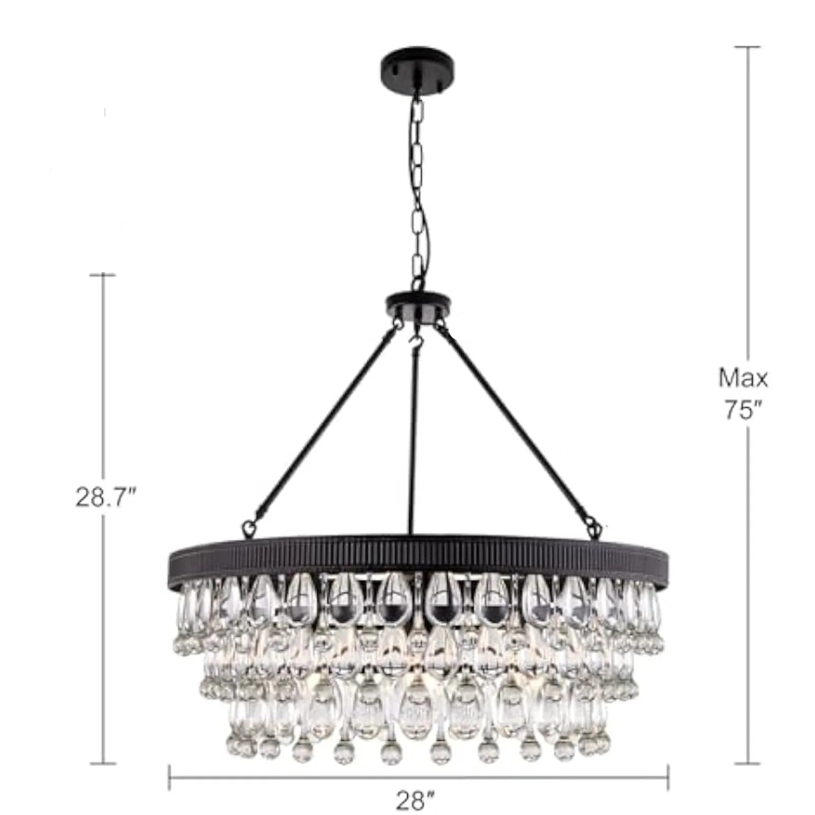 American modern design crystal K9 chandelier with 28-inch diameter and adjustable 75-inch max height, perfect for high ceilings.