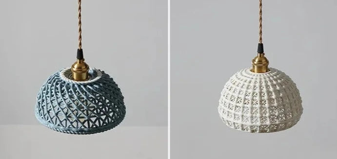 Side-by-side comparison of blue and white dome-shaped LUXELY ceramic pendant lights, perfect for pendant bar or dining setups.