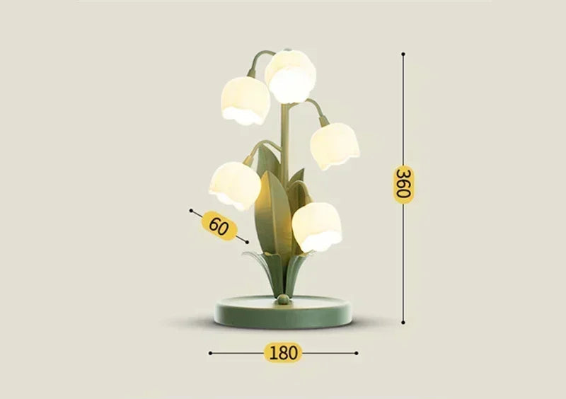 Dimensions of Nordic Atmosphere LED Table Lamp: 360mm height, 180mm base, and 60mm flower diameter, ideal for compact spaces.