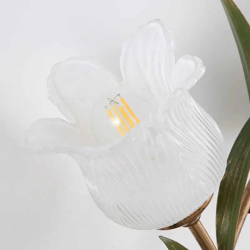 Detailed view of tulip-shaped frosted glass shade and LED bulb in French Pastoral Wall Lamp, highlighting elegant floral texture.