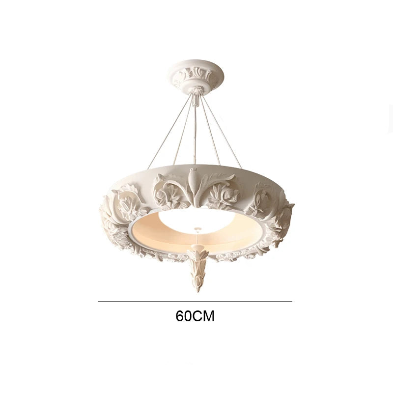 60cm carved plaster chandelier - french farmhouse ceiling light with floral design, 30W LED, and adjustable height up to 150cm.