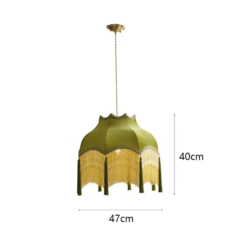 Large green velvet tassel chandelier with 47cm width and 40cm height, ideal for dining or living room lighting.