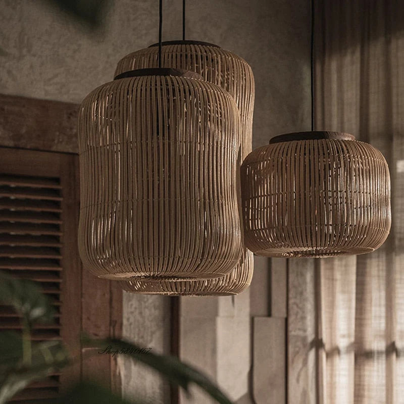 Natural rattan LUXELY pendant lights in wabi-sabi japandi design, enhancing a serene living space with soft lighting.