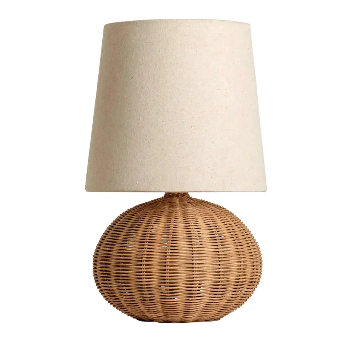 Wabi-sabi fabric wood table lamp with spherical rattan base and tall fabric shade, ideal for Japanese bedroom or study lighting.