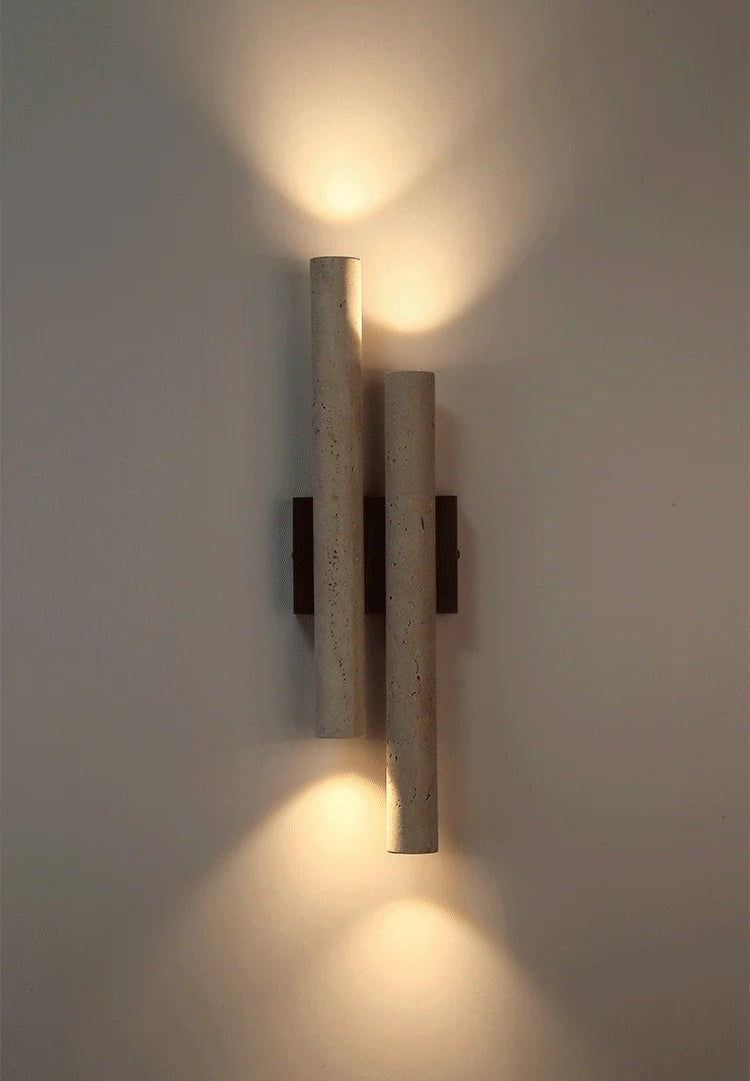 Detailed views of travertine stone bedroom wall lamp with wood accent, showcasing LED lighting and elegant cylindrical design.