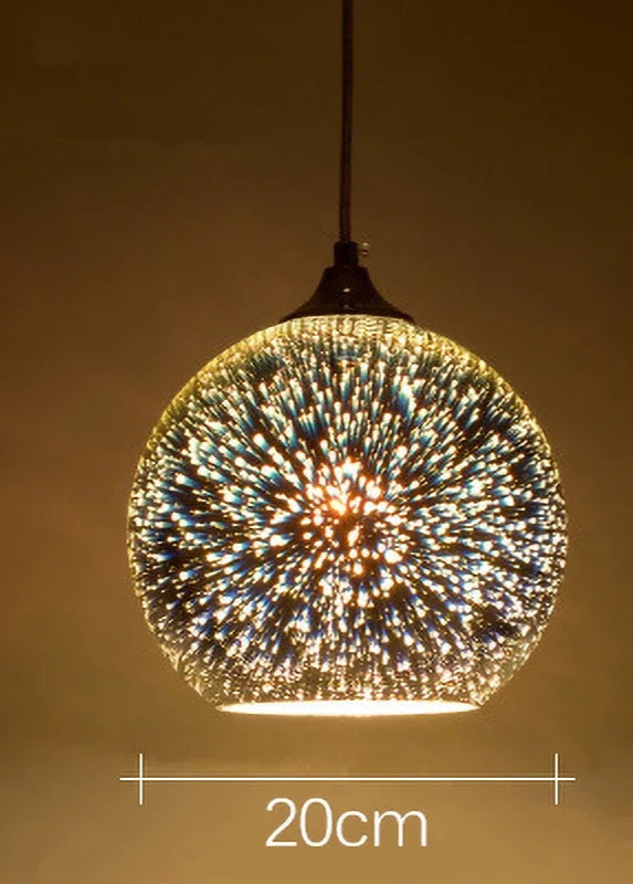 Glass 3D Fireworks Pendant Light - LED Stylish Design in 20cm spherical shape, glowing with multicolor LED fireworks.