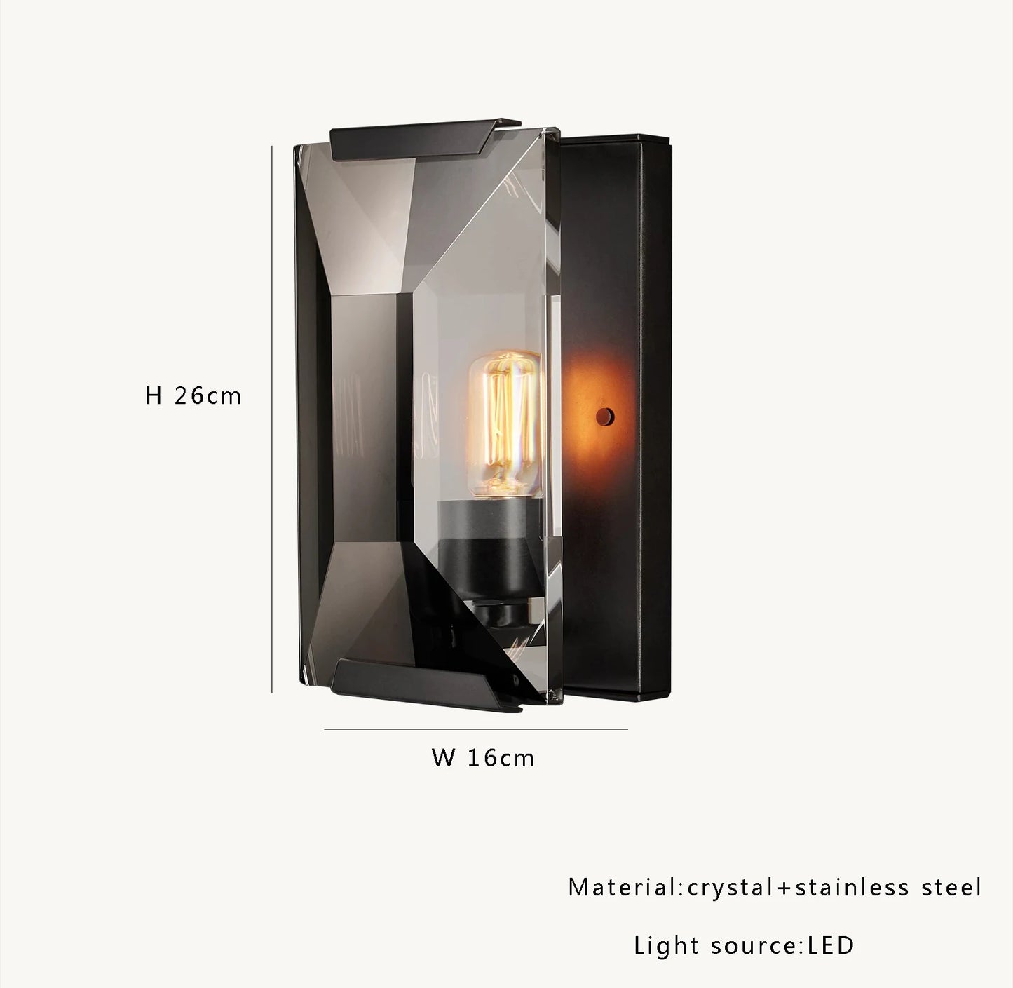 Black crystal LED wall sconce, 26cm tall with LED bulb, featuring sleek modern design for ambient lighting.