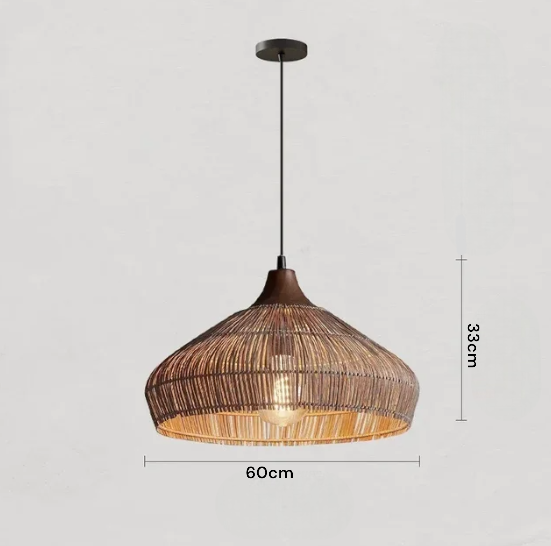 Extra-large brown rattan pendant light with wood top, 60cm wide, perfect for open-plan living spaces or restaurant lighting.