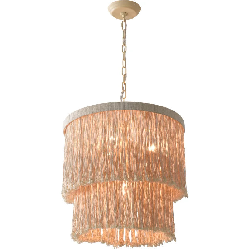Close-up of Rustic Bohemian Chandelier-Pendant Light Wicker LED with beige fringe, suitable for home and restaurant lighting.