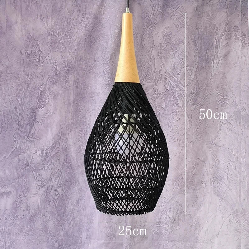 Small black teardrop rattan pendant light with wood top, 25cm wide and 50cm tall, perfect for pendant bar lighting.