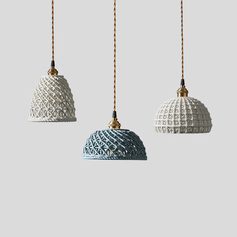 LUXELY ceramic Japanese pendant lights in blue and white with woven textures, perfect for small dining spaces or modern interiors.