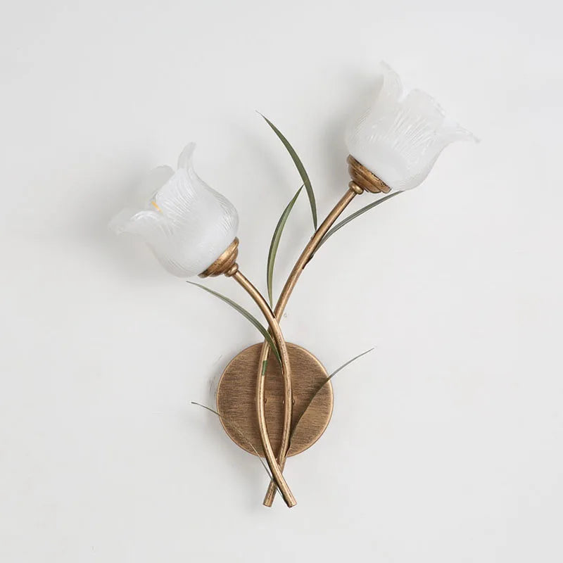 Unlit French Pastoral Wall Lamp with dual tulip-style frosted glass shades and green leaf detailing, ideal for classic home interiors.