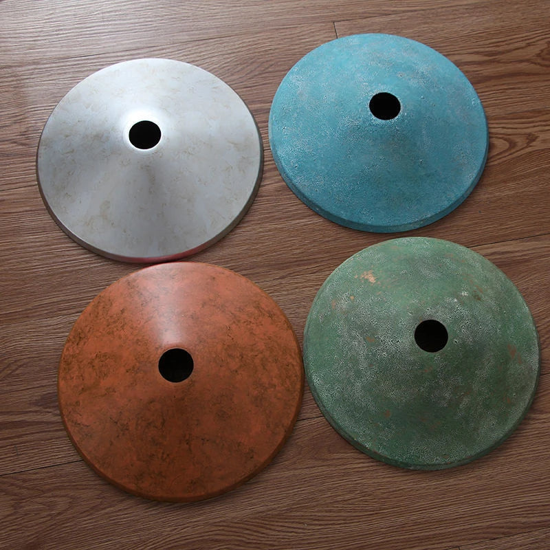 Set of four Industrial Pendant Light shades in copper, teal, white, and green, for customizable vintage lighting.