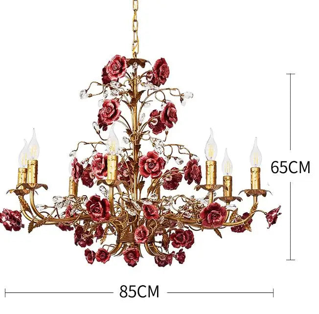 85cm French pink rose chandelier with rich red ceramic flowers and gold finish, vintage lighting for luxurious interiors or retail stores.