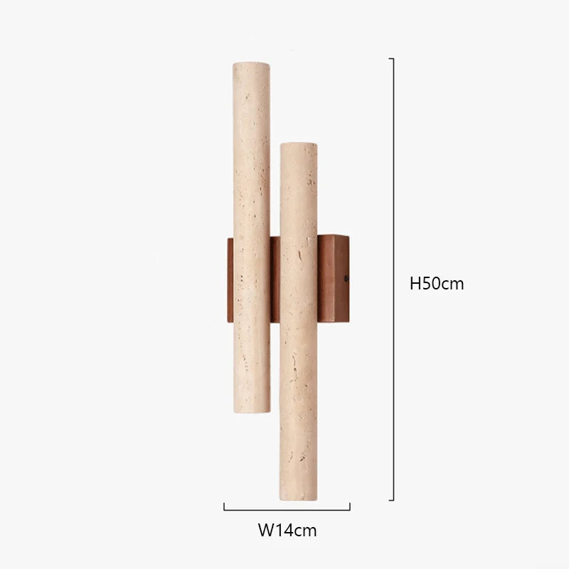 Dimensions of travertine stone bedroom wall lamp with wood accent, featuring 50cm height and 14cm width for wall-mounted ambient lighting.