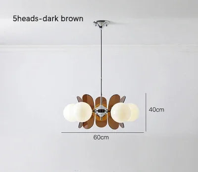 5-head dark brown Bauhaus retro chandelier with LED globes, 60cm wide, perfect for mid-sized dining room lighting.