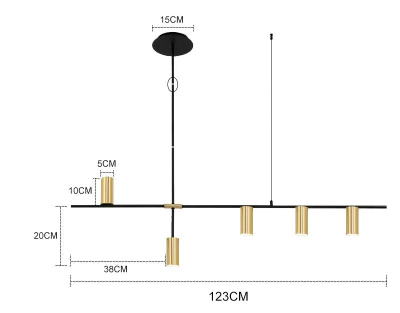 Four-head gold LED spotlight bar ceiling light with minimalist design and detailed dimensions for modern interiors.