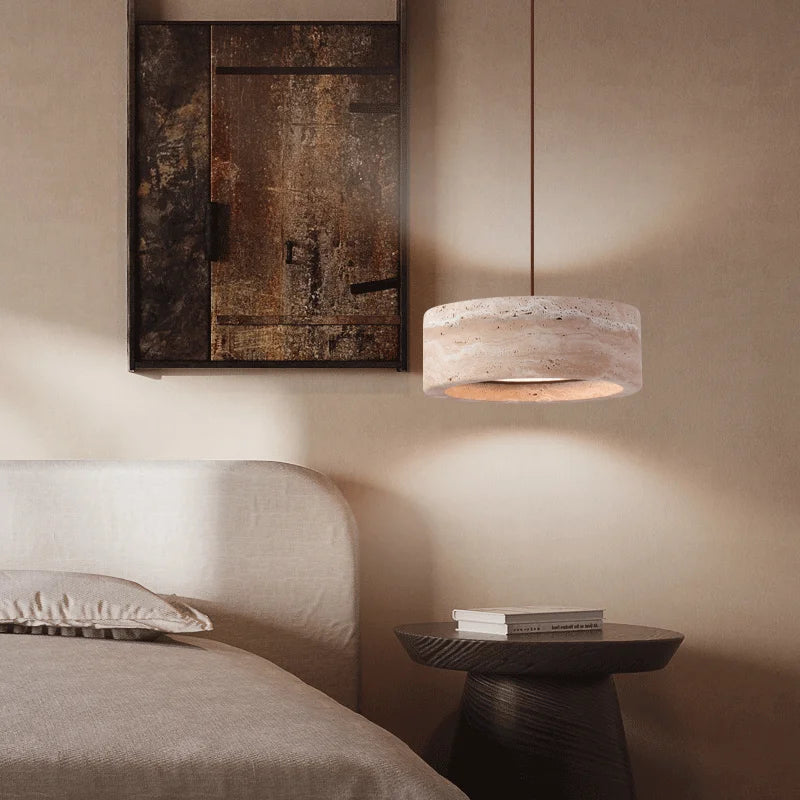 Travertine Retro Pendant Light in a warm-toned bedroom, complementing rustic decor with its natural stone finish and soft LED glow.