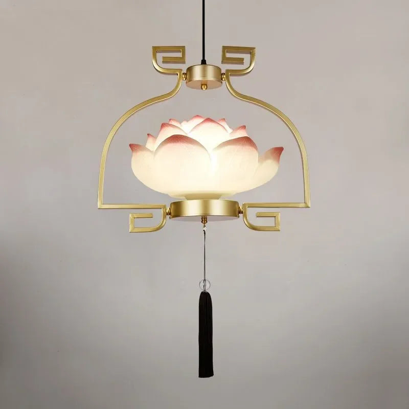 Single lotus flower LED pendant light with gold frame and tassel, ideal for entryways or small spaces with vintage flair.