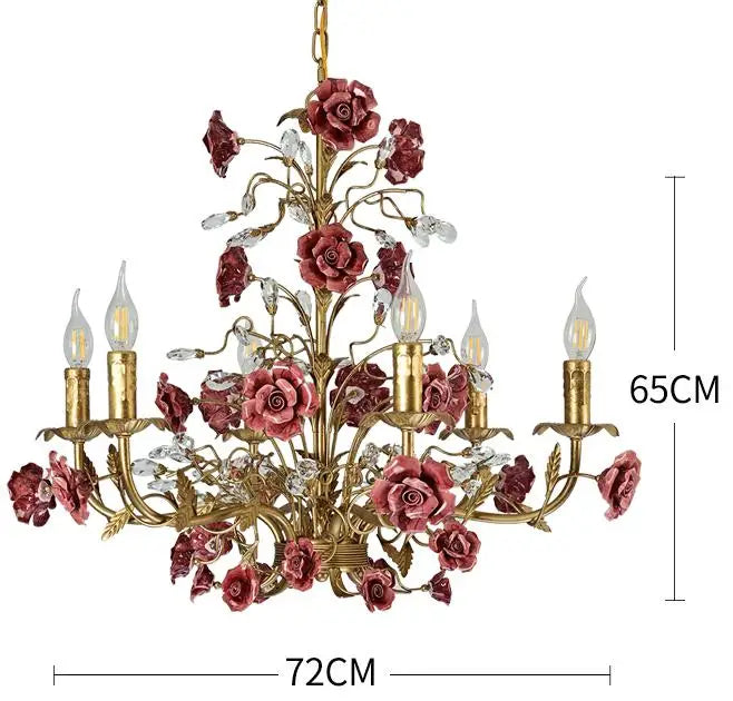 72cm French pink rose chandelier with deep red ceramic flowers, vintage lighting fixture for upscale restaurants or home décor.
