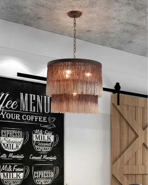 Rustic Bohemian Chandelier-Pendant Light Wicker LED in a coffee shop with industrial decor, offering warm ambient lighting.