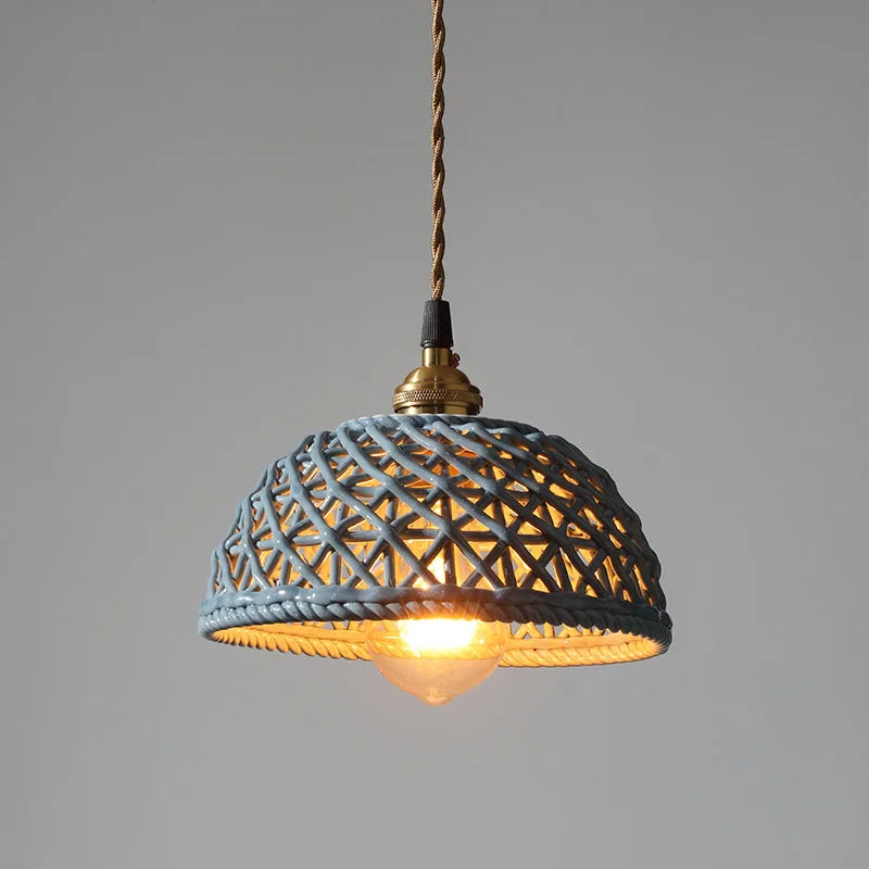 Blue-toned ceramic LED pendant light by LUXELY with open lattice design, suitable for vintage or wabi-sabi pendant lighting themes.