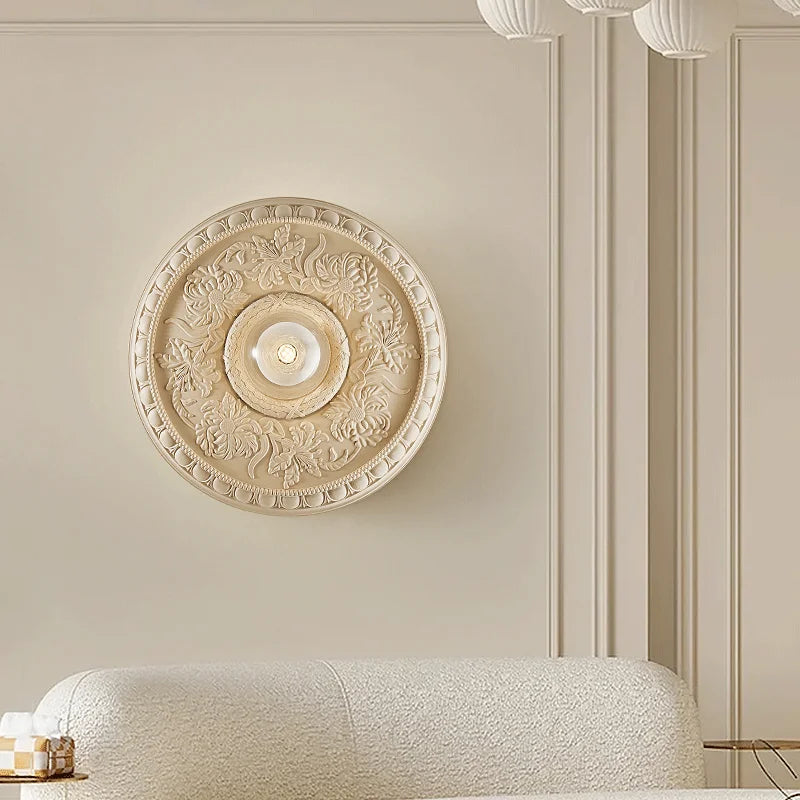 LUXELY retro French wall lamp mounted in a classic living room, showcasing art deco elegance and soft ambient lighting.