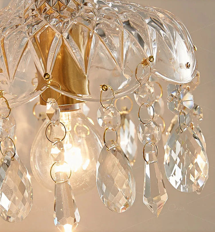 Illuminated crystal drops on French Vintage Crystal Chandelier - Copper Hanging Lamp, casting warm ambient glow.