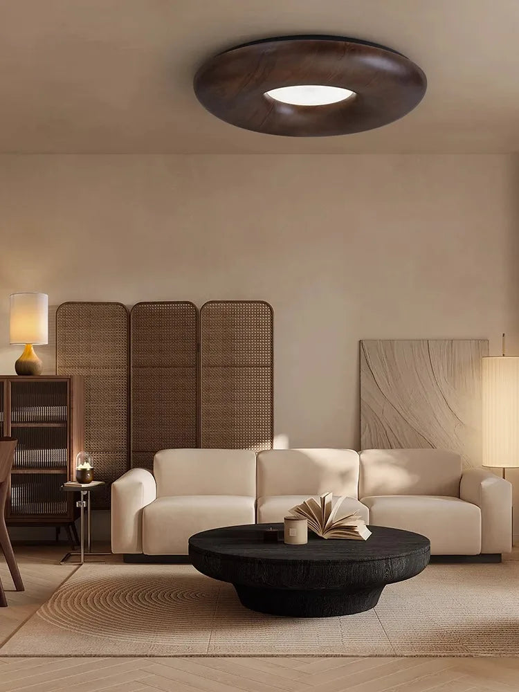 LUXELY modern wooden ceiling light in a cozy living room, blending retro aesthetics with warm LED lighting for a stylish ambiance.