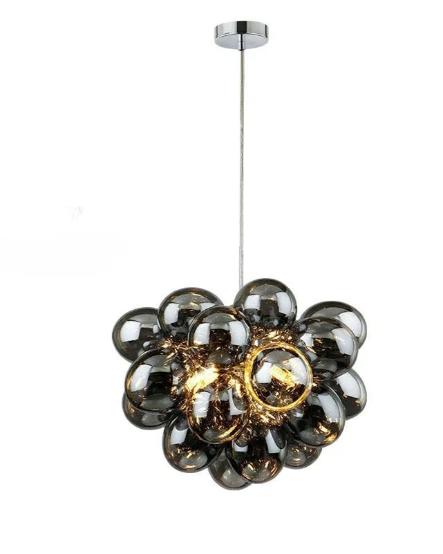 Modern grape glass chandelier with layered smoked glass spheres and warm LED lights, ideal for stylish home lighting.