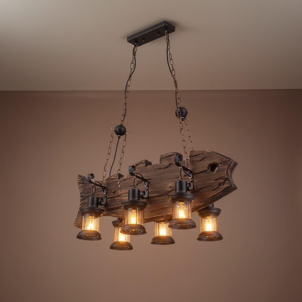 Suspension vintage en bois massif de style loft