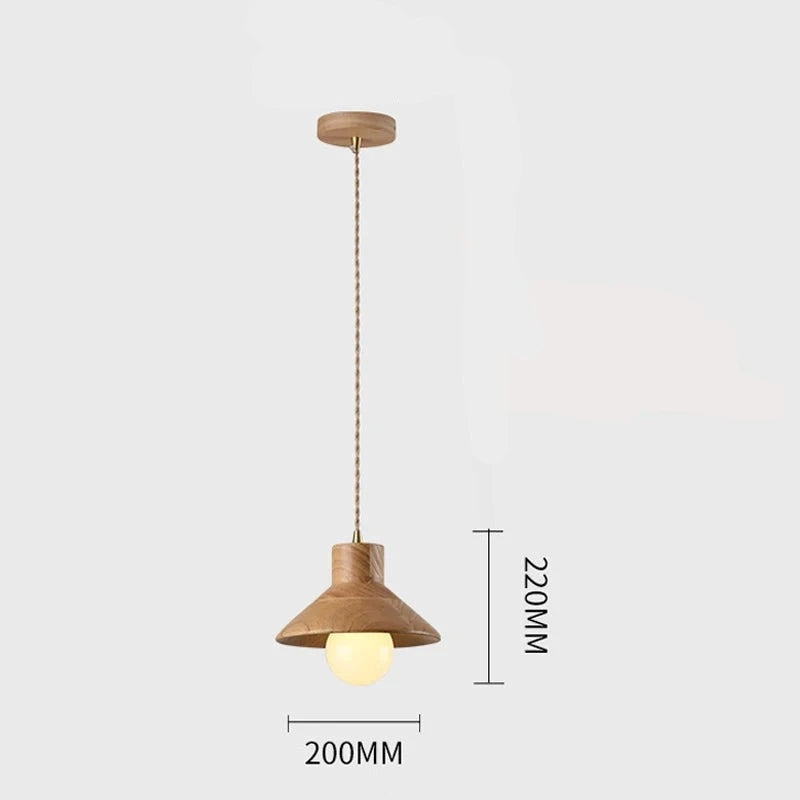 Dimensions of Nordic wood pendant light shown with 220mm height and 200mm width, perfect for kitchen or dining bar installation.