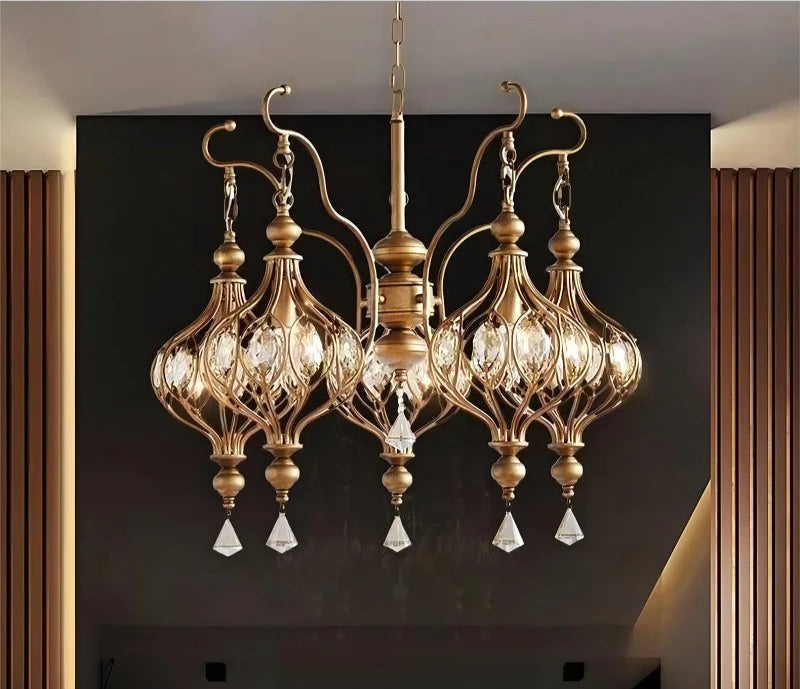 Multi-light retro crystal lantern chandelier with ornate arms, ideal for luxurious interior lighting in villas or large rooms.