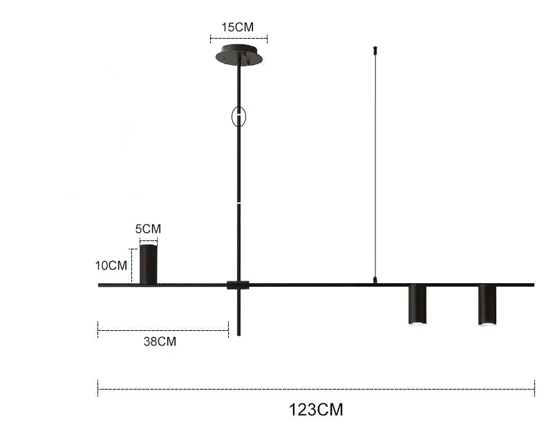 Black modern minimalist spotlight bar ceiling light with detailed measurements for accurate home or office installation.