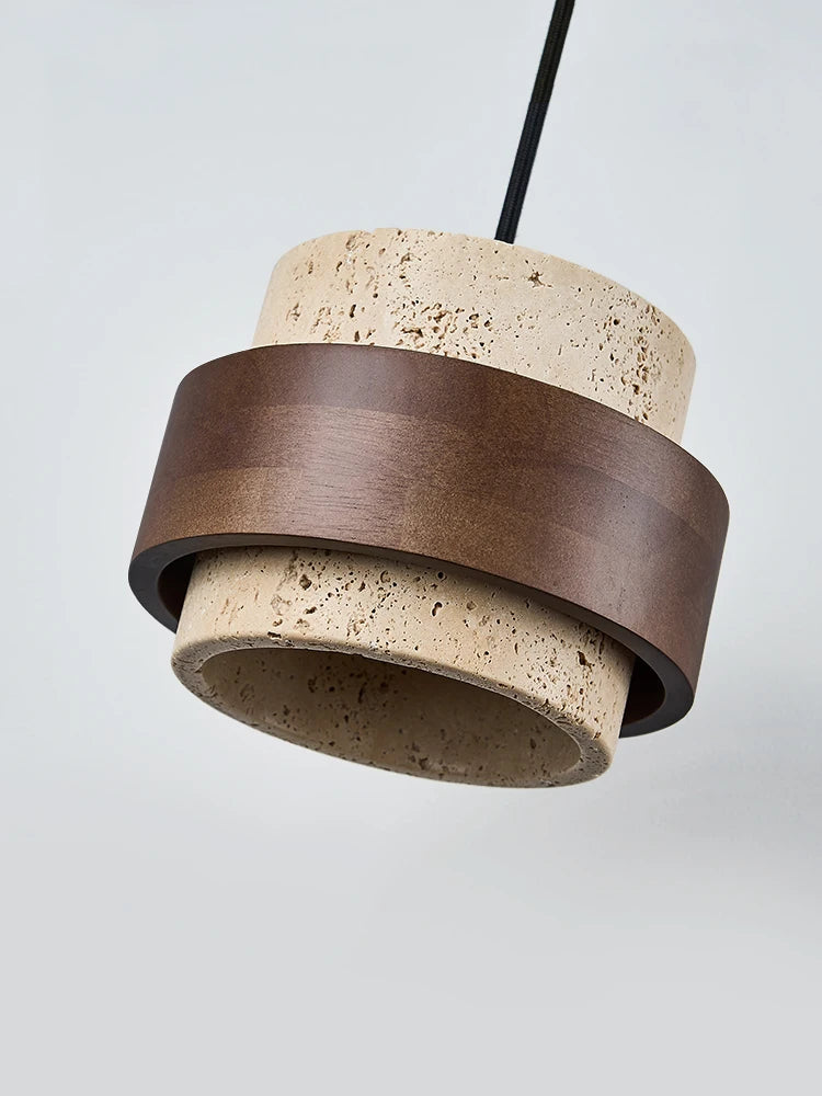 Modern wabi-sabi travertine pendant lamp bedside with cylindrical stone and wood design, perfect for living room or restaurant lighting.