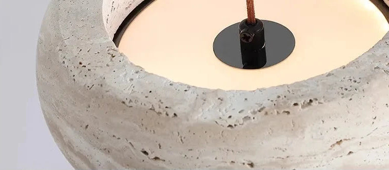 Detail view of Travertine Stone LED Pendant Light – Modern Fixture emphasizing the travertine material and soft LED illumination.