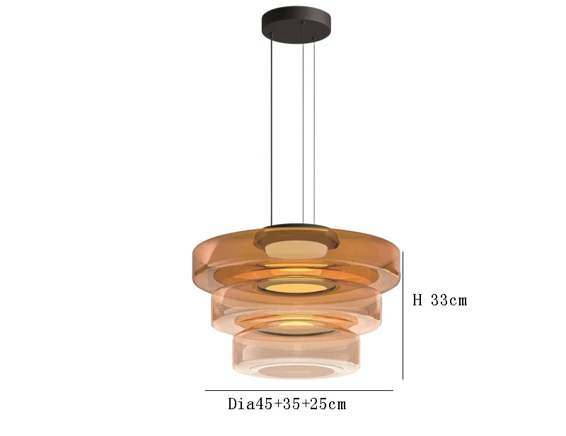 Amber three-tier glass pendant light with 45cm, 35cm, and 25cm diameters. LED source and adjustable wire for luxury decor.