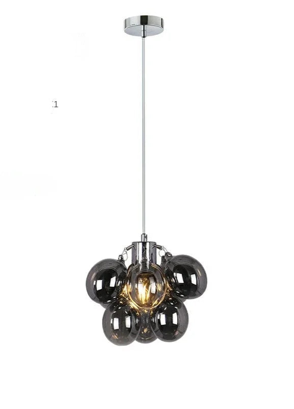 Compact modern grape glass chandelier with six smoked glass bulbs, ideal for small spaces or minimalist lighting designs.