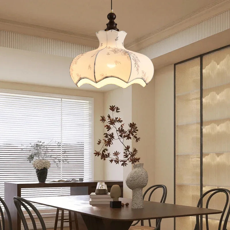 Vintage-style Nordic Pendant Light with floral cloth shade and wood top, ideal for LED lighting in dining or living spaces.
