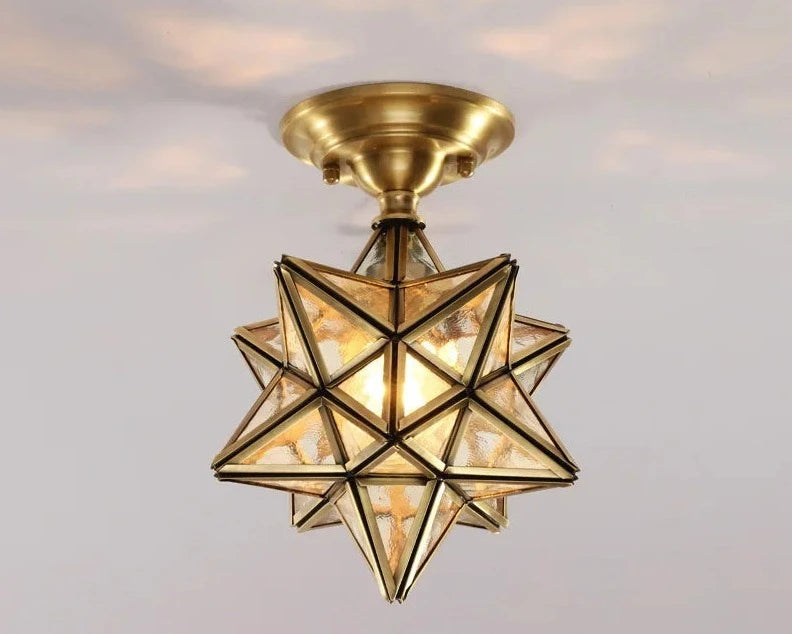 Vintage-style copper ceiling light with textured glass panels, offering ambient lighting for hallways or bedrooms.
