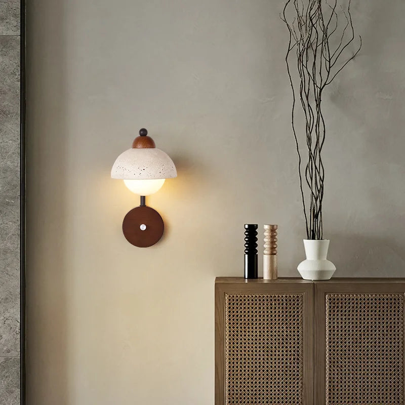 Travertine Wall Lamp on a living room wall, blending LED lighting with stone and wood textures for stylish interior lighting.