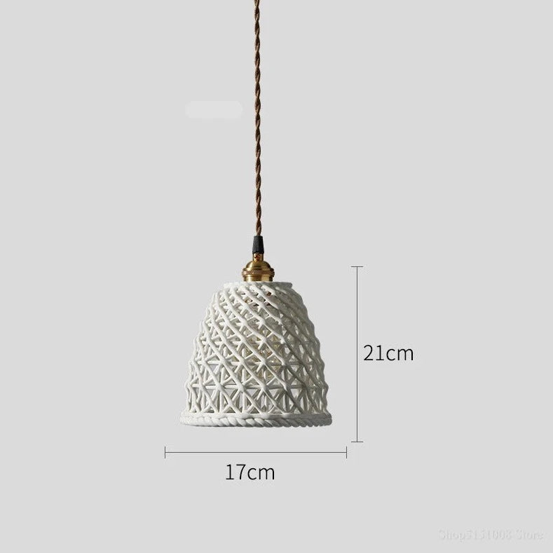 White conical LUXELY ceramic pendant light with 17cm diameter and 21cm height, featuring intricate Japanese lattice design.