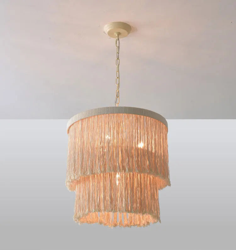 Rustic Bohemian Chandelier-Pendant Light Wicker LED with dual-tier fringe design, perfect for cafés and home interiors.