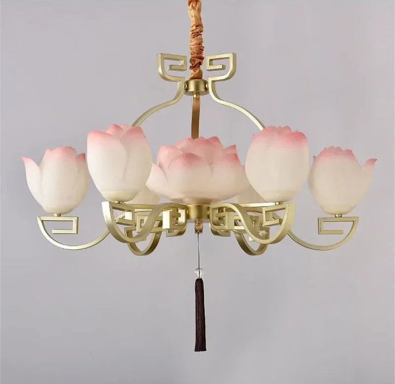 Six-light lotus flower LED pendant light with pink-tipped petals and gold frame, perfect for vintage interior themes.